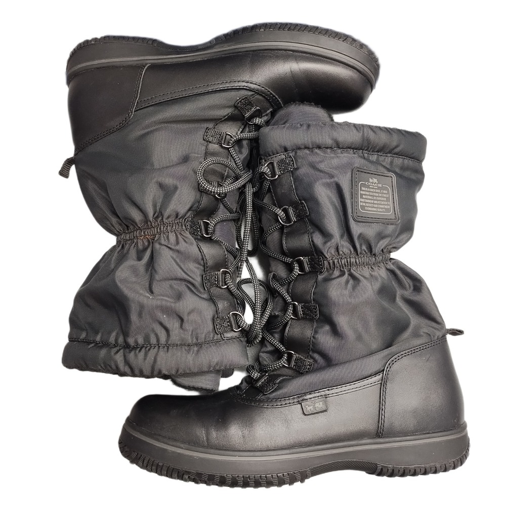 Coach Sage Winter Boots Womens Size 9B Black Sheepskin Lined Round Toe Lace Up